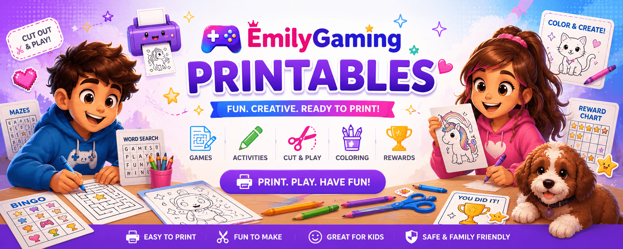 EmilyGaming Printables banner with printable games, activities, coloring pages, rewards, and craft supplies.
